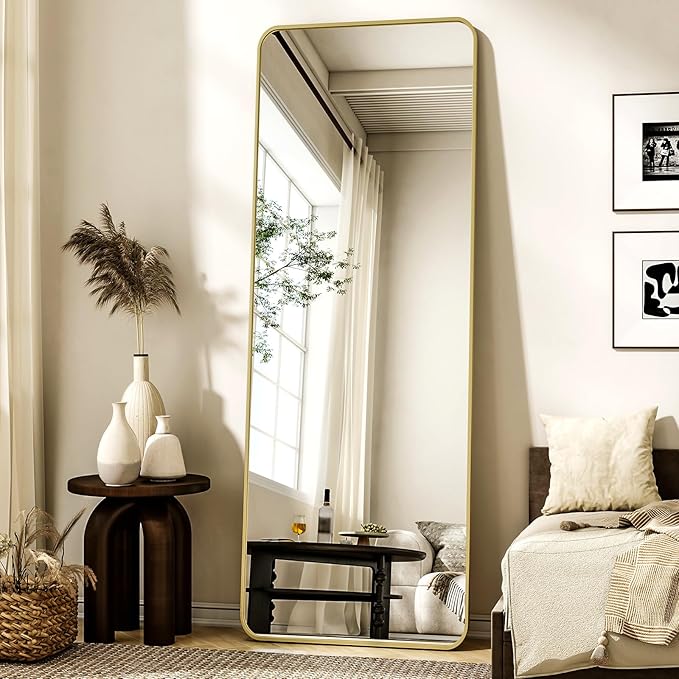 56"x21" Floor Full Length Mirror Standing Full Body Rounded Corner Rectangle Mirrors with Stand Hanging Wall Mounted Leaning Bedroom Living Room Bedroom Cloakroom,Gold