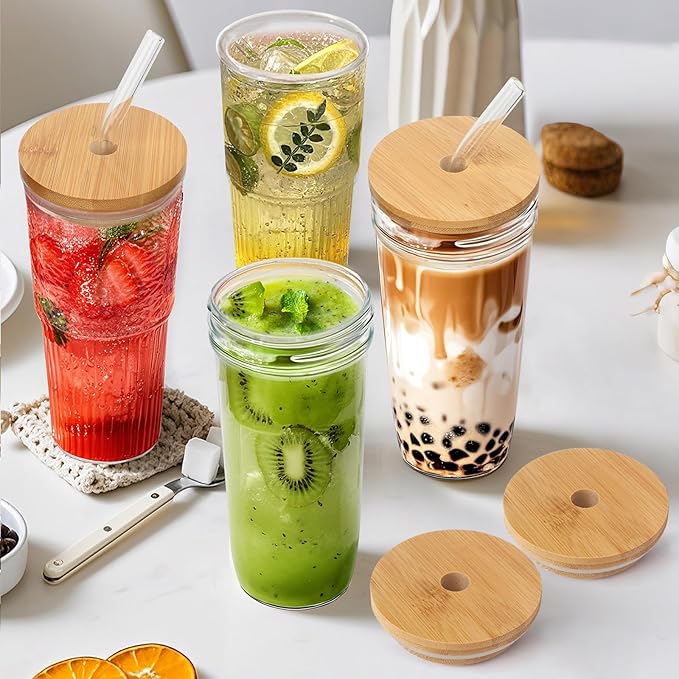 32oz Ribbed Glassware Large Cup, Glass Cups With Lids And Straws,Iced Coffee Cups With Lids,Glasses Drinking Set,Cute Cups,Boba Cup,With Straw Brush,Ideal Gift-2PCS