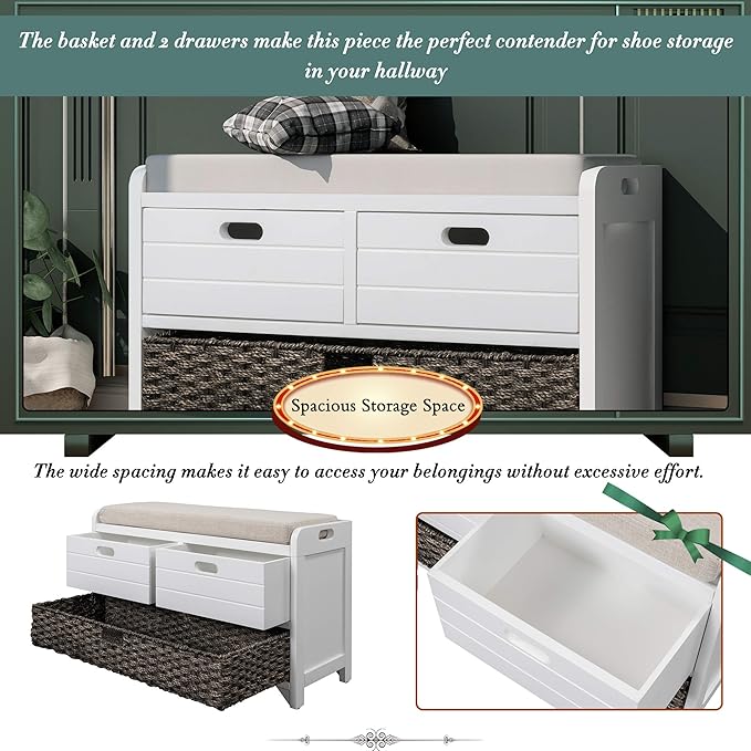Fully Assembled Storage Bench with Cushioned Seat, 2 Drawers & Removable Basket, Solid Wood Entryway Shoe Bench for Bedroom, Hallway, Living Room (White)