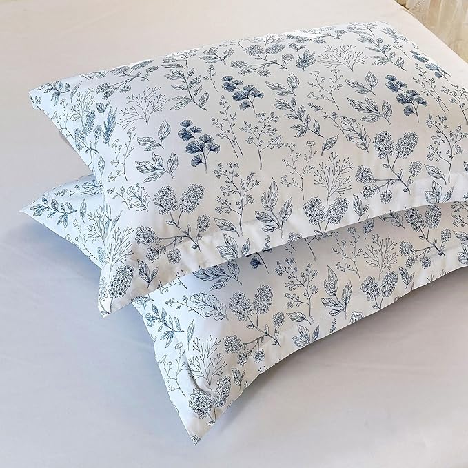EAVD Boho Blue Floral Comforter Set King White Soft Washed Microfiber 3-Piece Garden Cute Floral Bedding Comforter Set with 2 Pillowcases Chic Fresh Garden Botanical Pattern Bedding Set for All-Season