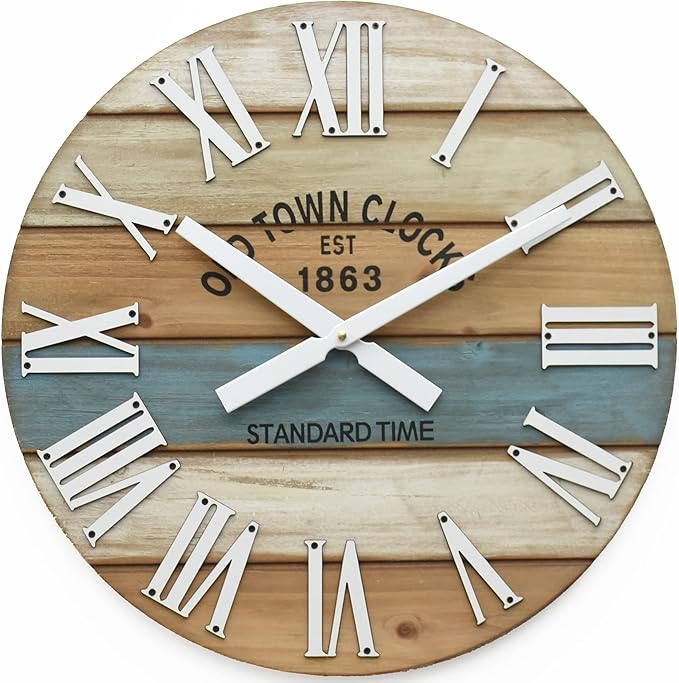18" Wooden Multi-Color Maritime Coastal Beach Large Roman Wall Clock (Blue, 18 inch)