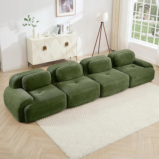 152" Modern Corduroy Cloud Sofa, Boneless Modular Large Sectional Couches for Living Room, Green 4 Seater Compressed Memory Foam Couch, Extra Deep Seat, No Assembly
