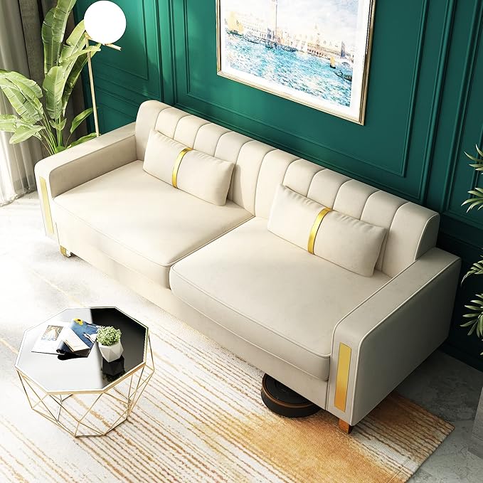 Couch 85.62" 3 Seats Sectional Velvet Fabric Sofa Easy Assemble Sofa Bed with 2 Couch Pillows,Gold Metal Legs for Living Room (P17, Beige)