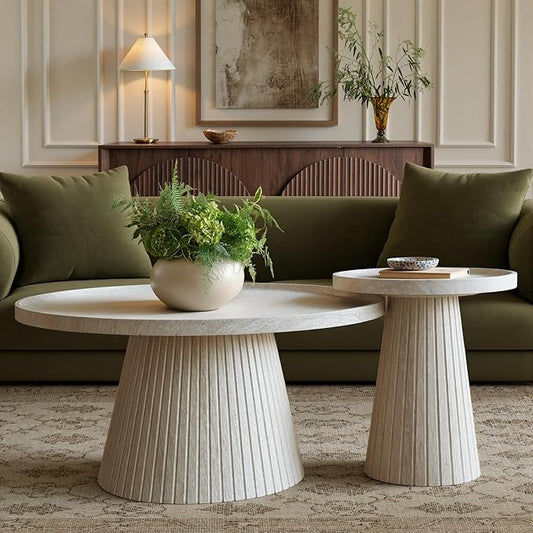 win2win Nesting Coffee Table Set of 2, Modern Fluted Coffee Table with Faux Stone Veneer, Travertine Round Tea Table and End Table Set, Minimalist Center Tables for Living Room, Office, Stone