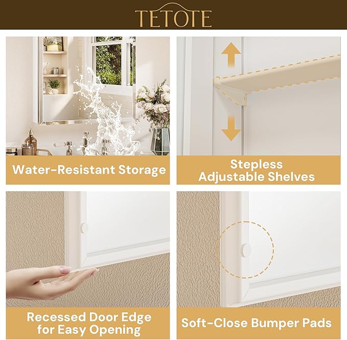 TETOTE 20 x 32 Medicine Cabinet with Mirror with Tempered Beveled Mirror White Medicine Cabinet Aluminum Cabinet DTC Hinges, Stepless Adjustable Shelves, Recessed/Surface-Mounted