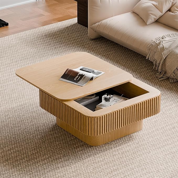 Square Coffee Table for Living Room,Fluted Drum Accent Tea Center Table with Storage,Solid Wood Modern Coffee Tables for Small Space Office Apartment (31.5" L×31.5''W×14''H-Natural)
