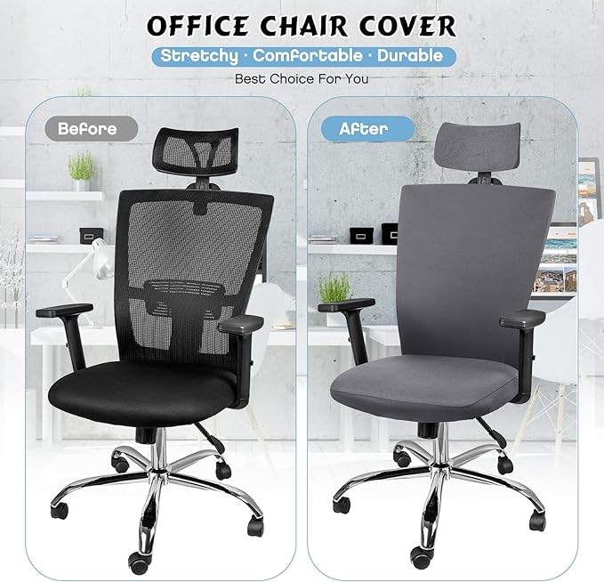 Lounsweer 3 Pieces Office Chair Cover Rolling Desk Chair Cover Gaming Covers Stretch Washable Protector Pets Slipcovers for Swivel Armchair Boss(Simple,Dark Gray)