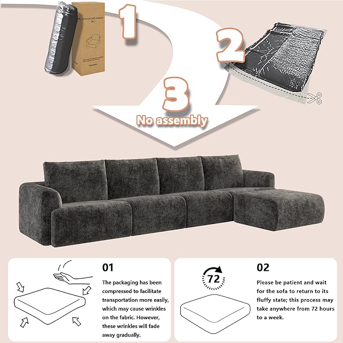EASE MOOSE Cloud Couch Sectional Sofa, Large L-Shaped Oversized Modular Couch for Living Room, Minimalist Boneless Convertible Couches with Ottoman, 5-Seat Deep Sofa for Bedroom, Chenille (Dark Grey)
