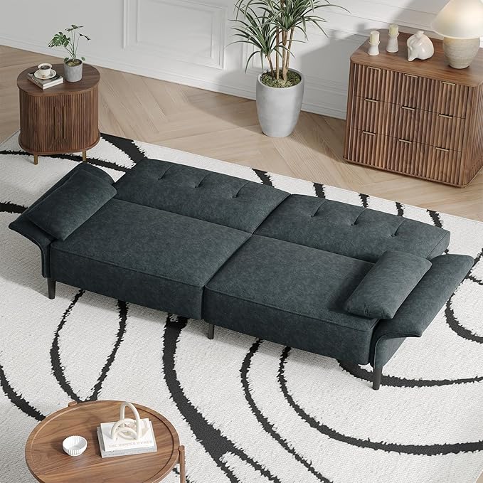 89” Futon Sofa Bed, Comfy Futon Couch Bed with 2 Square Pillows,Convertible Sleeper Sofa with Adjustable Backrest& Armrests, Modern Loveseat Sleeper for Living Room,Velvet Fabric Dark Gray