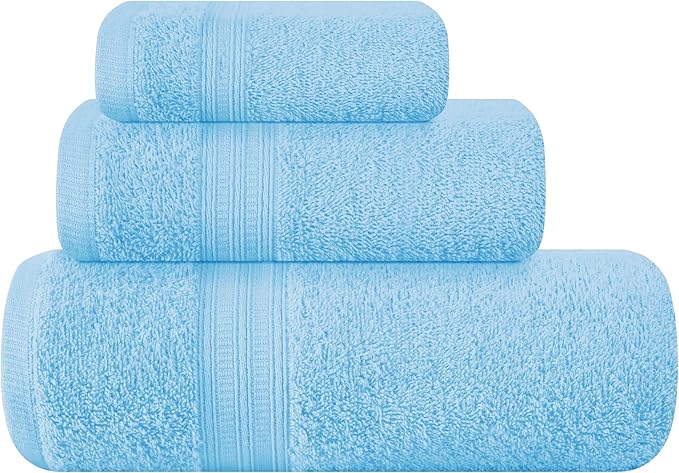 BOUTIQUO Ultra Soft 3 Pack Cotton Towel Set, Contains a Bath Towels 27x54 inch, a Hand Towels 16x24 inch & a Wash Coths 12x12 inch, Ideal Everyday use, Compact & Lightweight - Sky Blue