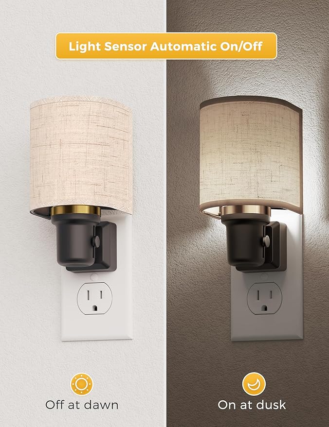 L LOHAS LED Bright Night Lights Plug into Wall, Plug in Night Light Dimmable, Daylight White, Decorative Nightlights Plug in Wall, Light Sensor, Linen Fabric Nightlight for Hallway Kitchen, 2 Pack