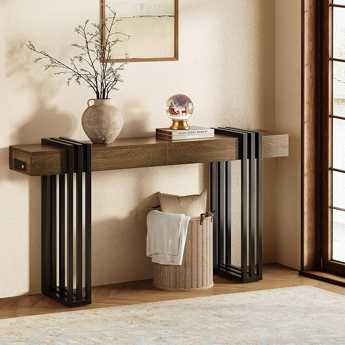 63" Long Console Table for Entryway - Behind Couch Table for Living Room, Wood Sofa Tables with Black Parallel Metal Frame & Power Outlet for Hallway, Entrance, Narrow Foyer, Walnut