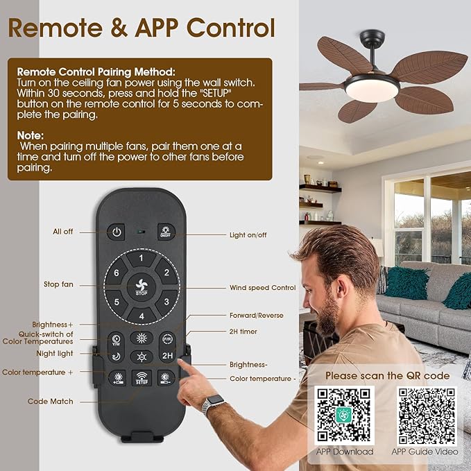Ceiling Fans with Lights and Remote/APP Control, 48 Inch Tropical Ceiling Fan for Bedroom Living Room, Outdoor Palm Leaf Ceiling Fan for Patios Porch, Dimmable, 6 Speeds, Reversible, Brown