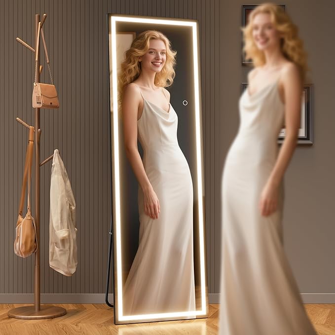 Full Length Mirror with Lights, 71" x 24" LED Lighted Floor Standing Mirror, Tempered Glass, Square Black