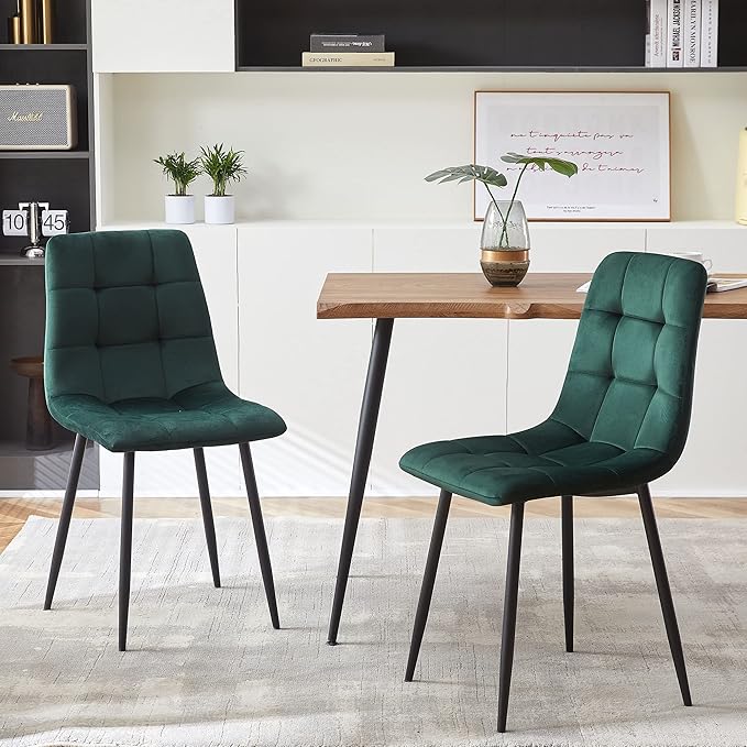 NORDICANA Forest Green Velvet Dinner Chairs Set of 4, Modern Armless Biscuit Tufted Dining Side Chairs with Metal Legs for Kitchen Living Room Vanity