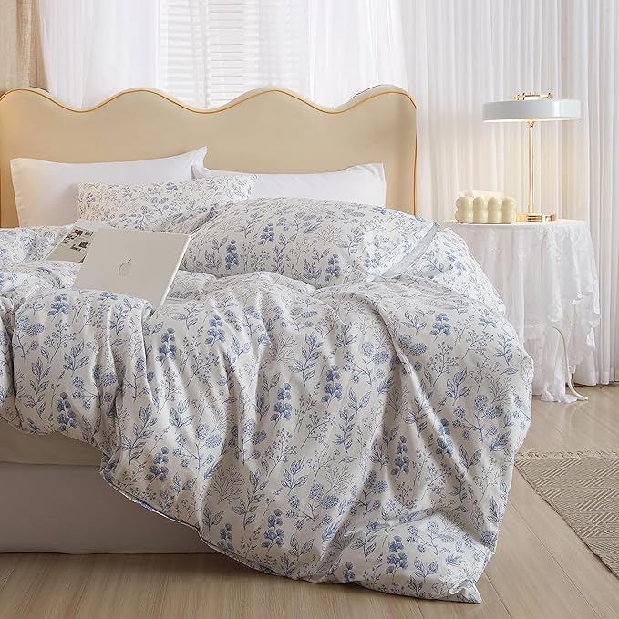 LifeTB Cotton Floral Duvet Cover Twin XL White Blue Floral Print Bedding Sets Vintage Boho Floral Comforter Cover Cottagecore Bedding Set Aesthetic Botanical Flower Duvet Cover with Zipper Closure