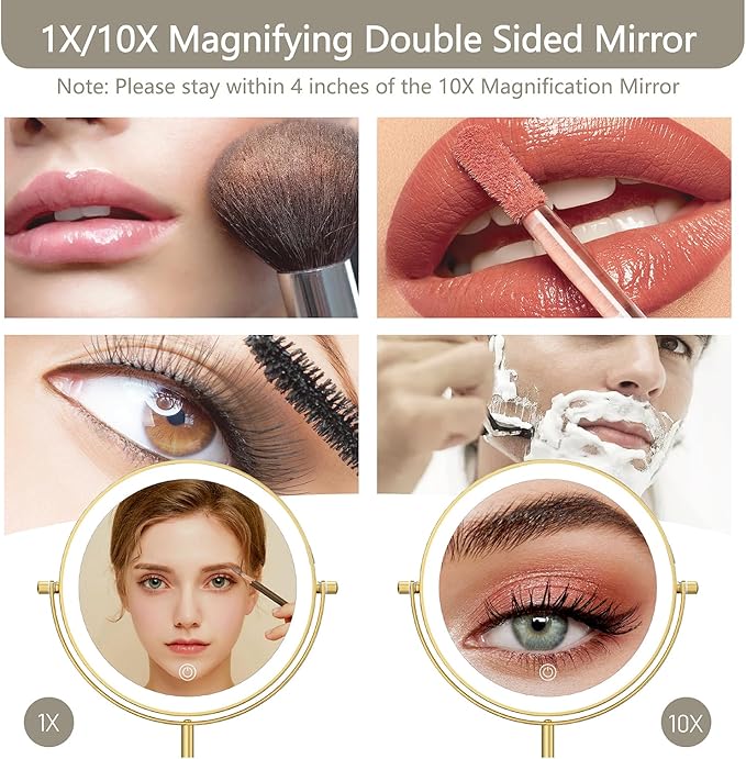 8" Lighted Makeup Mirror, 1X/10X Magnification Mirror with Lights, Double Sided Dimmable Mirrors, Rechargeable & Brightness & Height Adjustable, Cordless Vanity Mirror(Gold)