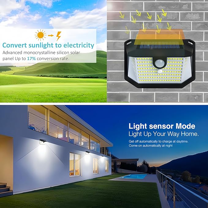 Solar Lights Outdoor 178 LED with Lights Reflector and 3 Lighting Modes, Motion Sensor Wall Lights,IP65 Waterproof Solar Powered for Garden Patio Yard (2Pack)