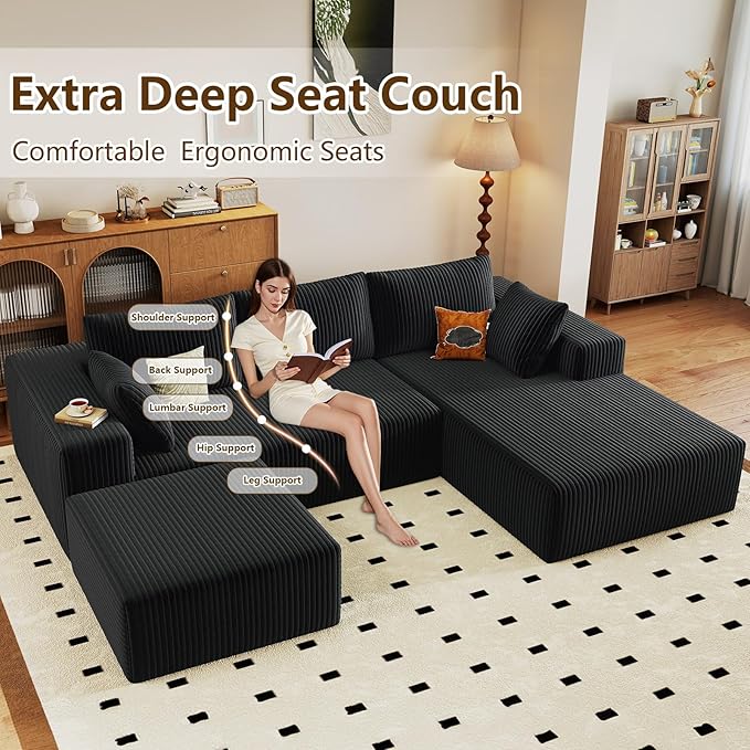 96" U-Shape Cloud Couch, Modern Modular Sectional L-Shape Sofa with Ottoman, Corduroy Upholstered Couches Deep Seat Sleeper Chaise Longue for Living Room, No Assembly Required(Black, Right Facing)