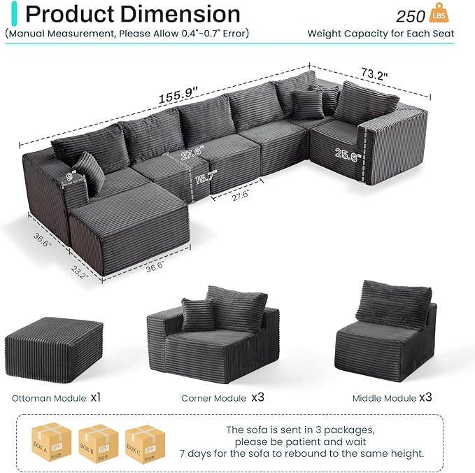 156" U Shaped Cloud Couch Sectional Modular Sofa with Deep Seat, 7 Seater Corduroy Couches, Boneless Couch with Removable Ottoman, Sectional Couches for Living Room, No Assembly Required, Grey