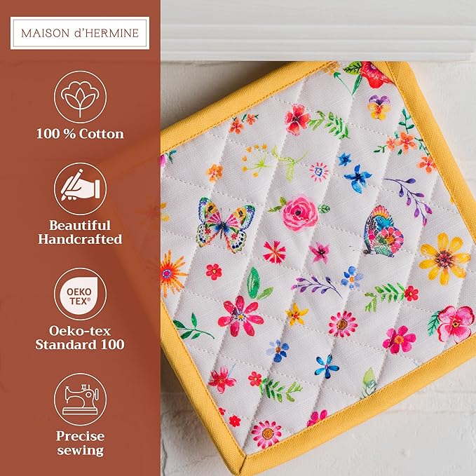 Maison d' Hermine Pot Holders Set 100% Cotton Heat Resistant Potholders 8" x 8" Hot Pads with Loop BBQ, Cooking, Grilling, Kitchen, Handling Hot Pans Spring/Summer (Pack of 2, Happy Florals - Sweety)