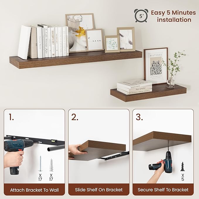 Vivelove Wide Floating Shelves for Wall 12 Inch Deep, 47.2" X 12" X 2" Floating Shelf, 2 Inch Thick Shelf for Living Room Bathroom Bedroom Kitchen Book Room, Rustic Farmhouse Decor Set of 2, Walnut