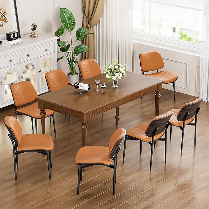 Dining Chairs Set of 2, Mid Century Modern Dining Room and Kitchen Chairs, Upholstered PU Leather Chairs with Walnut Bentwood and Metal Legs, Orange