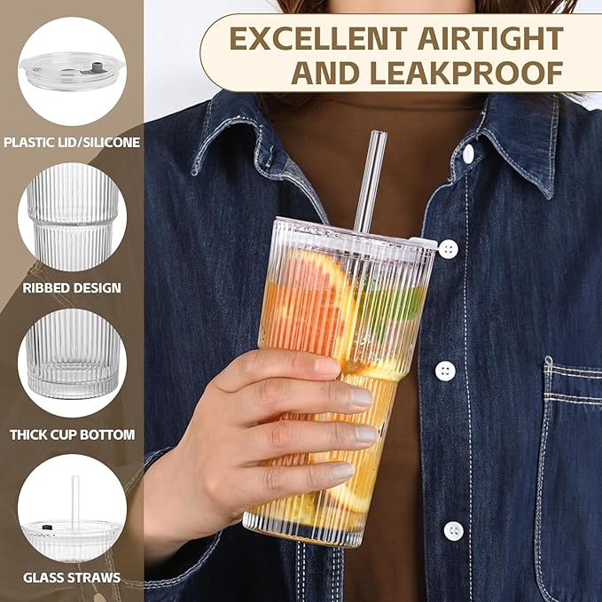 20OZ Glass Tumbler with Straw and Lid,Glass Cups with Lids and Straws,Ribbed Iced Coffee Cups Vintage Glassware for Juice Whiskey Cocktail Beer