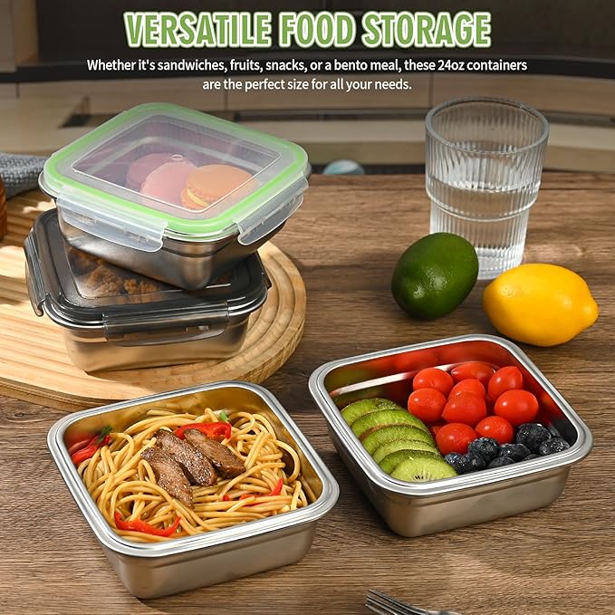 2 Pack 24oz Stainless Steel Sandwich Containers with Airtight Leak-Proof Lids, Reusable Metal Lunch Boxes for Meal Prep, Bento, Snack, Travel & Family, BPA-Free Dishwasher Safe (Green, Black)