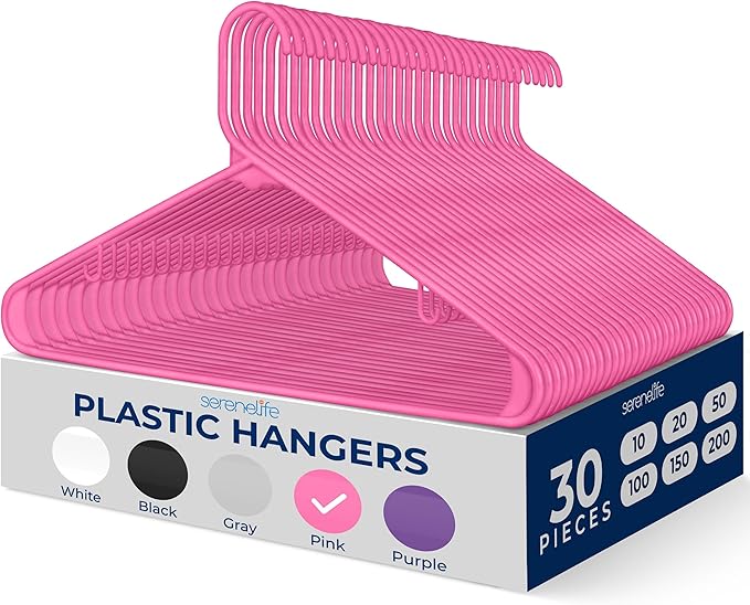 SereneLife 30-Piece Plastic Hangers for Clothes – Non-Slip Heavy Duty Slim Coat Shirt Dress Closet Hanger Set with 5.5 lbs Capacity Space Saving Design and Smooth Finish with 360° Swivel Hook Pink