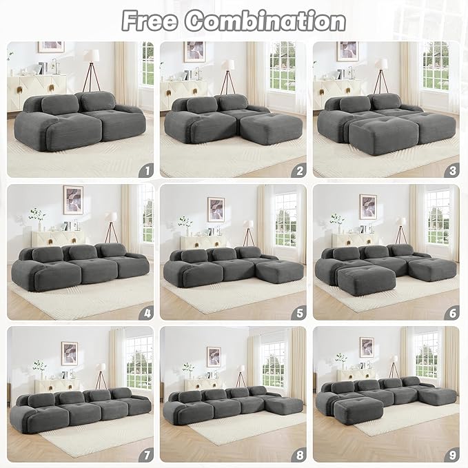 152" Modern Compressed Boneless Couch, 4 Seater Sectional Couches for Living Room, Gray Corduroy Cloud Modular Sectional Sofa, Comfy Memory Foam, Extra Deep, Sofas para Sala, No Assembly