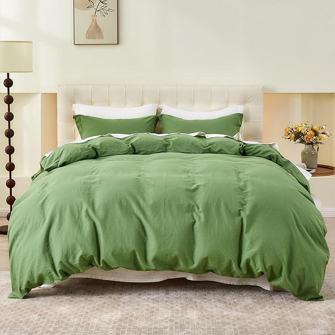 Simple&Opulence French Linen Duvet Cover Set 88" x 92"- 3 Pieces (1 Comforter Cover,2 Pillowcases)- Natural Flax Cotton Blend-Solid Color Breathable Farmhouse Bedding- Khaki Green, Queen