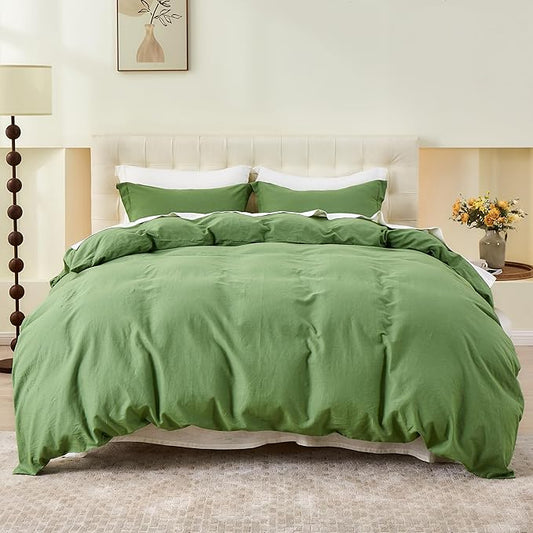 Simple&Opulence French Linen Duvet Cover Set- 104"x 92" - 3 Pieces (1 Comforter Cover,2 Pillowcases)-Natural Flax Cotton Blend-Solid Color Breathable Farmhouse Bedding - Khaki Green, King