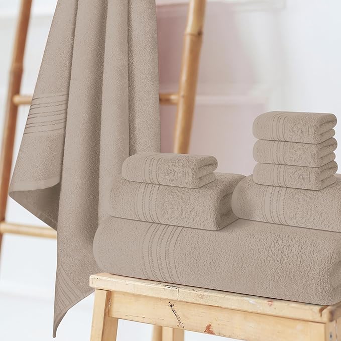 BOUTIQUO 100% Cotton Towel Set, Contains 4 Soft Bath Towel, 6 Hand Towels, 8 Wash Cloths - Compact Absorbent Lightweight & Quickdry Towels for Bathroom - 18 Piece Bathroom Towel Set - Tan