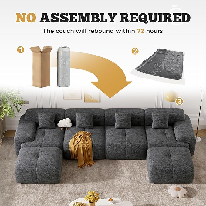 158" Modern U Shaped Modular Sectional Sofa, Boneless Couches for Living Room,6 Seater Convertible Chenille Cloud Couch Sofa Set, No Assembly Required, Grey-Black 1 PCS