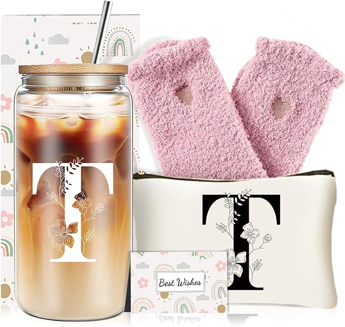 Unique Initial Glass Cup with Lids and Straws, Monogrammed Gifts Box Included Makeup Bag, Christmas Birthday Gifts for Women Mom Sister Grandma, T