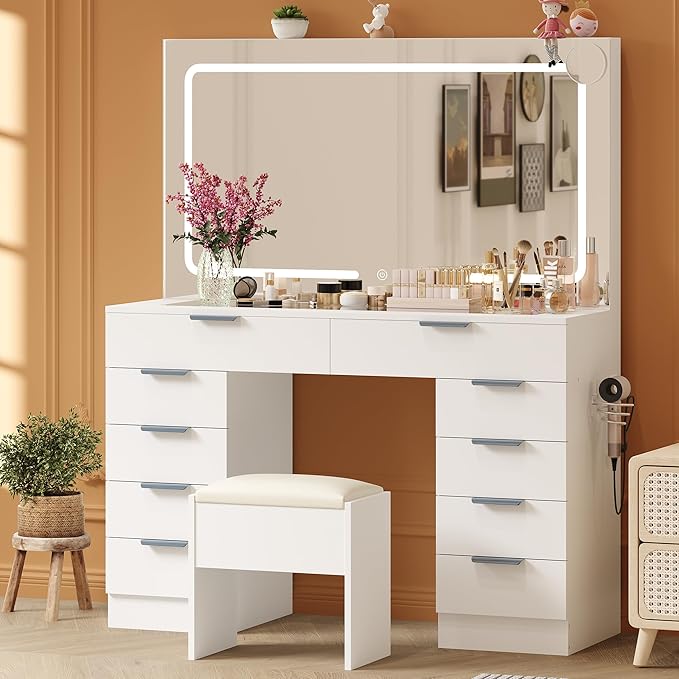 Garvee Vanity Desk with Large Mirror and Lights & Magnifying Glass, Makeup Table, Dressing Table Set with Stool, Power Outlet, 3 Lighting Modes, 10 Drawer, White