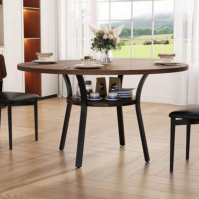 Garvee 47'' Round Dining Table for 4-6 People, Farmhouse Kitchen Dining Table, Round Dinner Table with Storage Shelf for Kitchen, Living Room (Table Only), Walnut