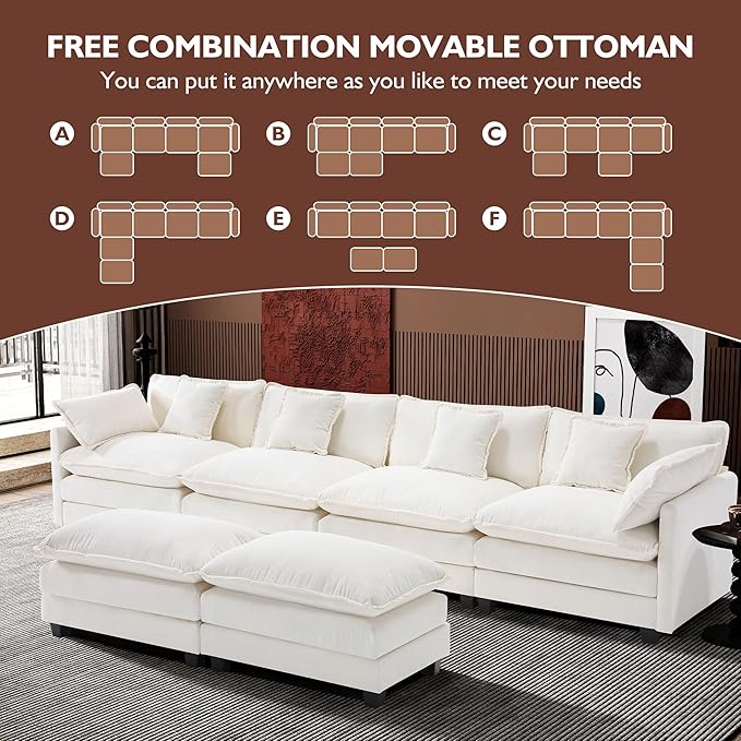 Ihanherry 146" U-Shaped Modern Sofa Modular Sectional Cloud Couch with 2 Ottoman, 6-Seat Chenille Deep Seat Sofa with 6 Pillows for Living Room, Bedroom and Apartment, Beige