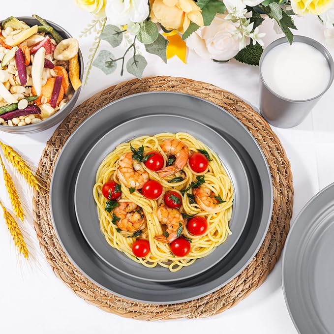 LIYH 16 Pcs Grey Wheat Straw Dinnerware Sets Unbreakable Dinnerware Sets for 4 Plates and Bowls Set Plastic Plates Reusable Straw Tableware Dish Set for 4 Include Plate Bowl Cup