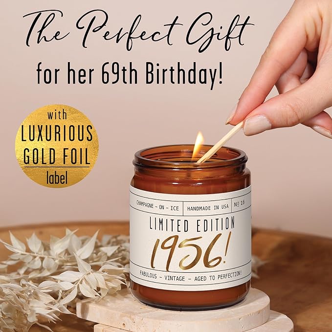 69th Birthday Gifts for Women - 'Limited Edition 1956' Soy Candle, w/Champagne on Ice I 69 Birthday Gifts for Women I 69th Gift for Her Ideas I 9oz Reusable Jar, 50Hr Burn, Made in USA