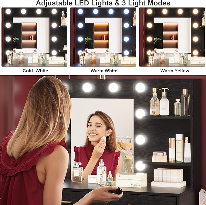 61" Vanity Desk with Mirror & Lights, White Makeup Dressing Table with 8 Drawers & 2 Shelves, 3 Lighting Modes with Adjustable Brightness for Bedroom, Black