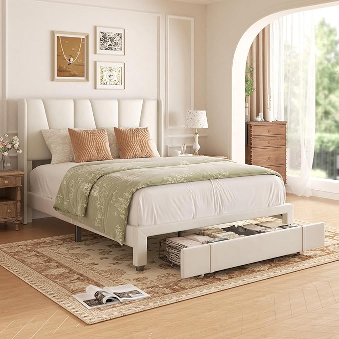 Queen Bed Frame with Storage Drawers, Upholstered Queen Size Platform Bed with 47" Tall Headboard and Wingboard, No Box Spring Needed, Noise Free, Easy Assembly, Wooden Support Slats, Beige