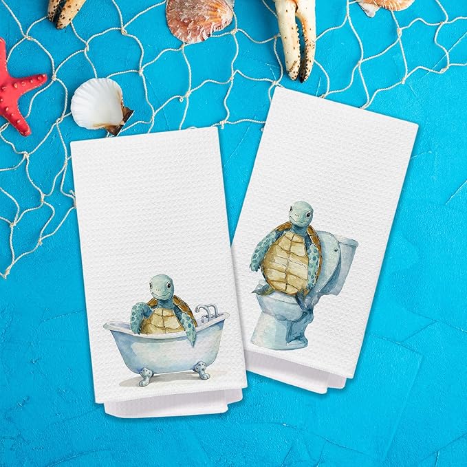 Sea Turtle Bathroom Hand Towels, Turtle Lover Gifts for Women, Nautical Coastal Beach Decorative Hand Towels for Kids Bathroom Washroom, 16x24 Inch Set of 2