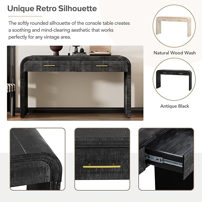 GDFStudio 59" Retro Console Table with Drawers, Narrow Entryway Cabinet Sofa Table with Fluted Details & Distressed Finish, Wood Sideboard Buffet Tables for Living Room Dining Room, Antique Black-1