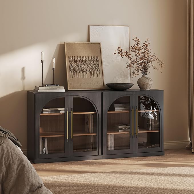 BELLEZE Set of 2 Modular Sideboard with Arched Glass Door, Accent Display Buffet Cabinet with Storage and Adjustable Shelves,Classic Modern Credenza for Dining Room Living Room Entryway (Ebony)