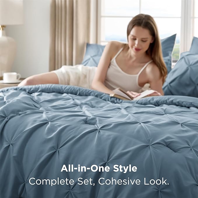 Bedsure California King Comforter Set Mineral Blue - Bed in a Bag Cal King Bedding Set 7 PCS, GentleSoft™ Pintuck Bed Set Gift for Family, Pinch Pleat Blue Comforter with Sheets, Pillowcases & Shams