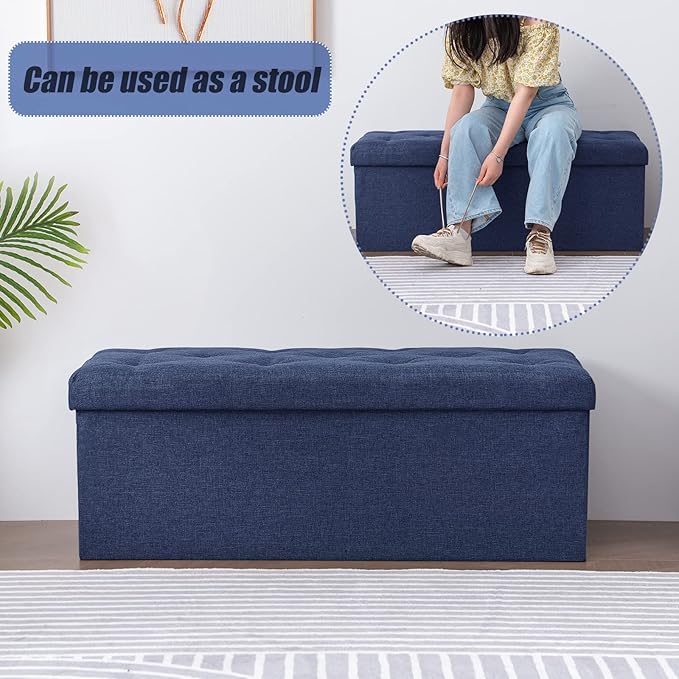 BRIAN & DANY 43 Inches Ottoman with Storage, Linen Storage Ottoman Bench, End of Bed Benches, Folding Ottomans for Bedroom, Living Room and Entryway (Blue)