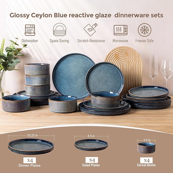 GBHOME Stoneware Dinnerware Sets for 4,Round Reactive Glaze Ceramic Plates and Bowls Set,Highly Scratch Resistant | Dishwasher & Microwave Safe Dishes Set,Service for 4(12Pcs),Ceylon Blue