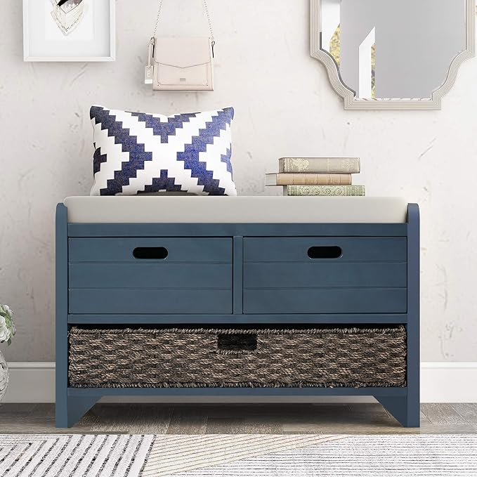 Entryway Shoe Storage Bench with Cushion, Fully Assembled Solid Wood Bench with 2 Drawers and Removable Basket for Hallway, Bedroom or Living Room (Navy)